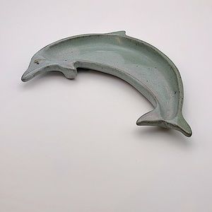 Chamberlain Pottery, handmade pottery dolphin, soft green/lilac accents. Stamped